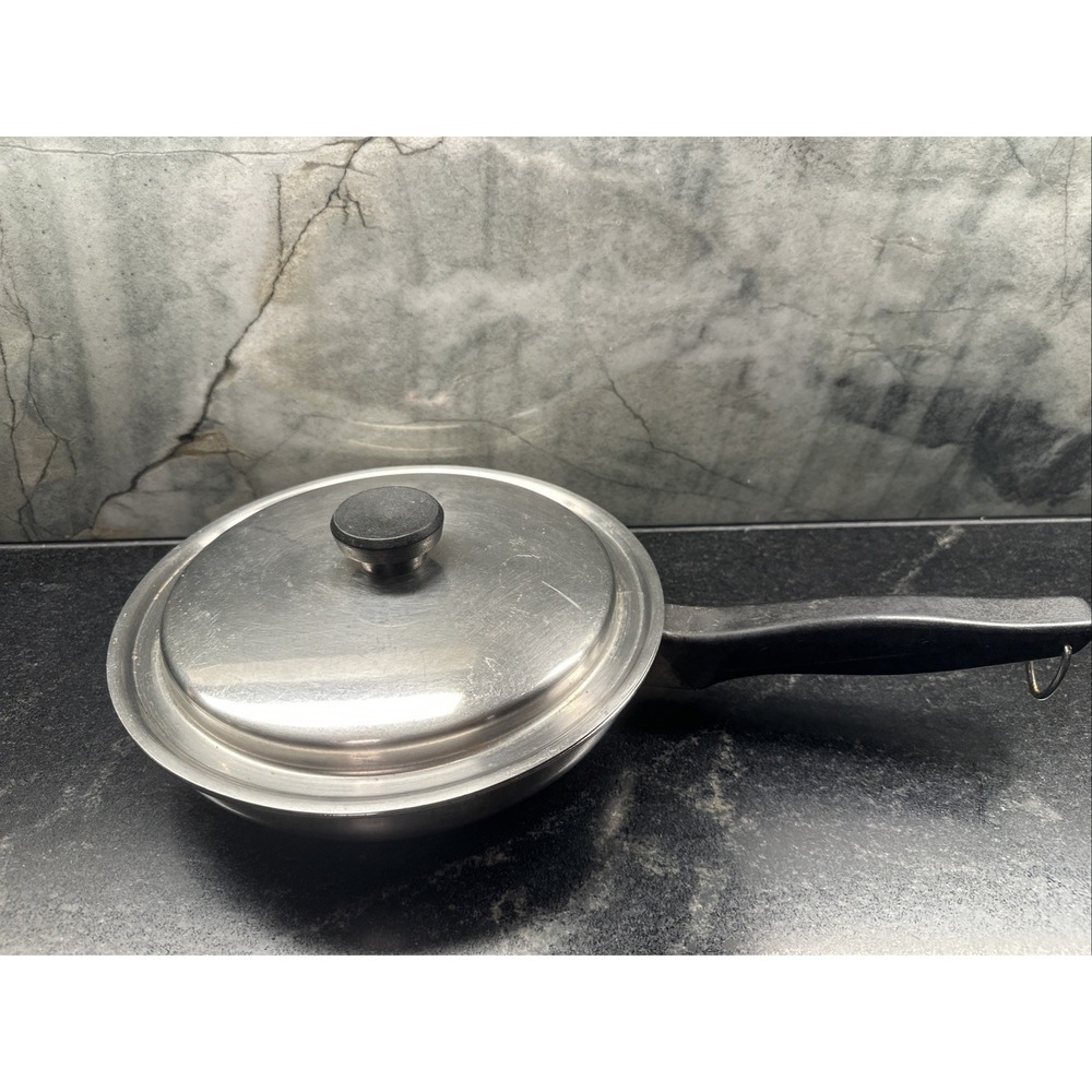 Vintage‎ Stainless Steel Frying Pan 9" Lid Long Handle Silver Black Heavy Duty
